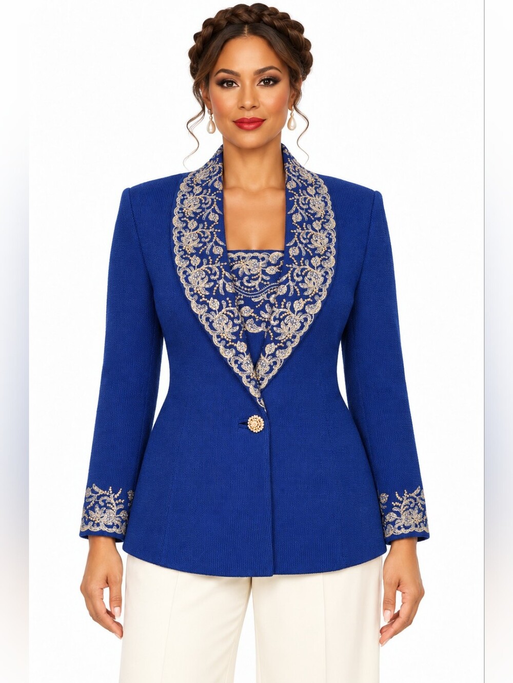 St John Evening Marie Gray Royal Blue Santana Knit Embellished Jacket US 12